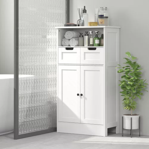  Badezimmerschrank mit 2 Schubladen, Tür, 60 x 30 x 109 cm, Weiß