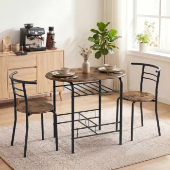    Essgruppe 3-teilig, Küchentisch und Stühle für 2 Personen mit Regal, Wohnzimmer, Rustikal-Braun Holz-Optik