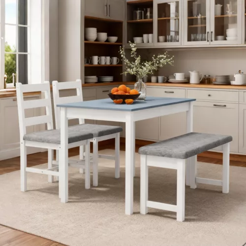Ülőgarnitúra, 4 részes étkezőasztal szett, 1 asztal, 1 pad, 2 szék, szürke + fehér