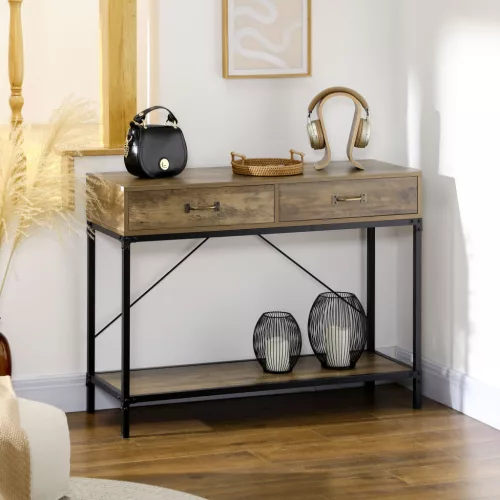 Konzolasztal, előszobaasztal polccal és 2 fiókkal, 100 x 35 x 76,5 cm, lerakóasztal, kanapéasztal, bemutatóasztal kis helyiségekbe, előszoba, előszoba, nappali, barna+fekete