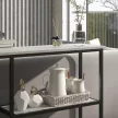 Konzolasztal ipari formatervezésben, 2 polccal, márványhatású, fekete + fehér