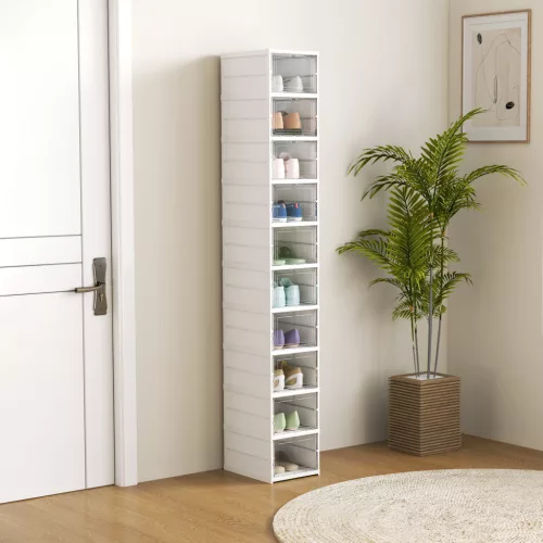  10-stufiges Schuhregal, Schuhschrank, faltbar, belüftete Rückseite, Kunststoff, Weiß