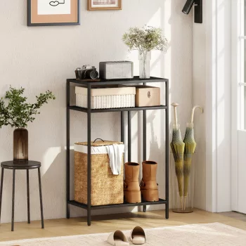   Konzolasztal 3 polccal, keskeny előszobai asztal, acél váz, nappaliba/előszobába, 55 cm, fekete