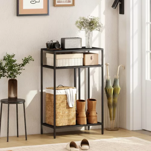 Konzolasztal 3 polccal, keskeny előszobai asztal, acél váz, nappaliba/előszobába, 55 cm, fekete