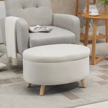  Tárolós pad, zsámoly, ovális forma, bársonyhatású, 120 kg-ig, 71 x 51,5 x 42 cm, bézs