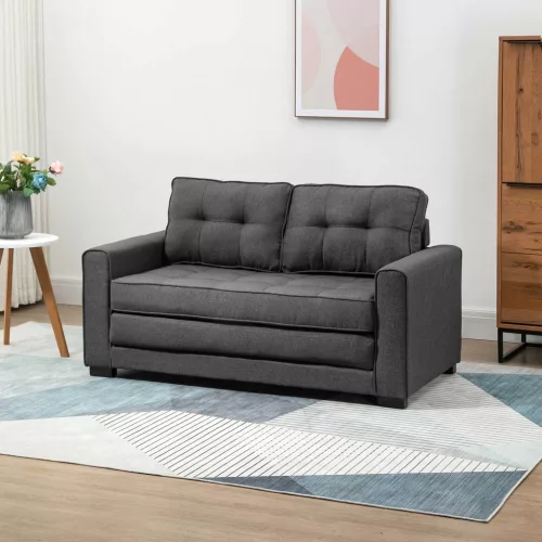 Kanapéágy, kihúzható kanapé, kétszemélyes szövetkanapé, kanapéágy, ülőgarnitúra vászonhatású felülettel, gumifa, szürke, 147,5 x 75 x 85 cm