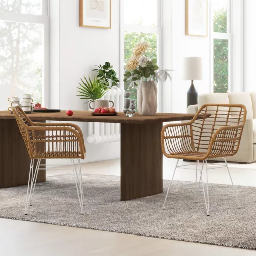  2-er-Set Stühle im Boho-Stil, Küchenstühle, PE-Rattan, 56 x 60 x 79 cm, Natur + Weiß
