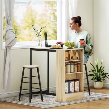   3 darabos bárasztal szett, 1 pult, 2 szék, tárolóhellyel és lábtartókkal, helytakarékos, világosbarna + fekete