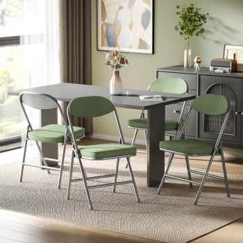    4er-Set gepolsterte Klappstühle, Faltbare Stühle mit Cordbezug, Rückenlehne, Metallrahmen, Grün