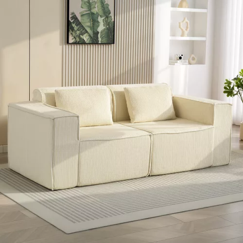 3-Sitzer-Sofa, weiche Schaumstoffstruktur, breite Armlehnen, 2 Kissen, Cordbezug, Beige