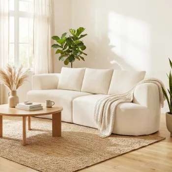   3-Sitzer-Sofa, 260 cm Chenille-Sofa mit breiter Sitzfläche, Federkernpolsterung, hochdichtem Schaumstoff, 3 Kissen creme