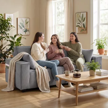   218 cm-es 3 személyes kanapé, modern kordbársony kanapé zsákrugós kárpitozással, széles karfákkal és 2 párnával, világosszürke
