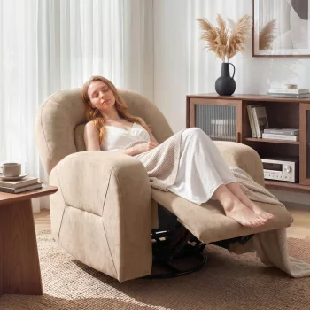   Dönthető fotel, 360°-ban forgatható, felhőszerű bársonyhuzattal, széles ülőfelülettel, nappaliba, khaki