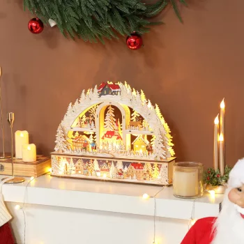   Karácsonyi falu LED világítással, 45 cm-es karácsonyi város hóemberrel, rénszarvassal és fákkal, natúr fa