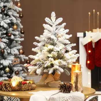   Mini 60 cm-es karácsonyfa 35 LED égővel, hóeffektussal, mini asztali fa fenyőtobozokkal, műfenyő karácsonyi dekorációhoz, fehér