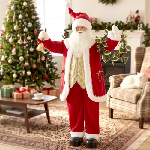  Singender Weihnachtsmann, 150 cm, stehende animierte Weihnachtsfigur mit Glocke und Kranz, per Sound/Berührung aktiviert