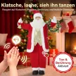  Singender Weihnachtsmann, 150 cm, stehende animierte Weihnachtsfigur mit Glocke und Kranz, per Sound/Berührung aktiviert