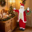  Singender Weihnachtsmann, 150 cm, stehende animierte Weihnachtsfigur mit Glocke und Kranz, per Sound/Berührung aktiviert