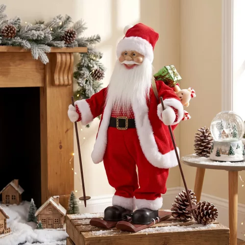  Singender Ski-Weihnachtsmann, 66 cm, animierte stehende Weihnachtsfigur mit Skiern, Geschenkesack und Geräusch-/Berührungsaktivierung