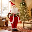  Singender & tanzender Weihnachtsmann, 120 cm, stehende animierte Weihnachtsfigur mit Girlande & Sack, per Sound/Berührung aktiviert