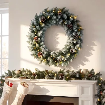   Karácsonyi koszorú 60 cm, világító ajtókoszorú 50 LED-del, fenyőtobozok, műhó karácsonyra, adventre, bejárati ajtóra