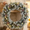 Karácsonyi koszorú 60 cm, világító ajtókoszorú 50 LED-del, fenyőtobozok, műhó karácsonyra, adventre, bejárati ajtóra