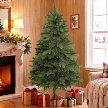   Künstlicher Weihnachtsbaum 150 cm, Edeltanne, voll mit Klappästen, 525 Spitzen, faltbarer Holzständer, Grün