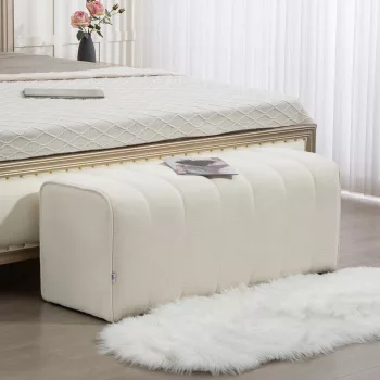   Modern hálószobai pad, kárpitozott pad fa vázzal, teherbírás akár 220 kg, lábtartó, krémfehér