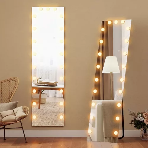 Teljes alakos tükör 150x40 cm RGB-LED állótükör 21 izzóval, 7 fényszínnel, érintőkapcsolóval, memóriafunkcióval