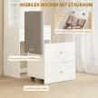 Fésülködőasztal tükörrel és kárpitozott ülőkével, kompakt fésülködőasztal szekrénnyel, fiókokkal és nyitott polcokkal, fehér