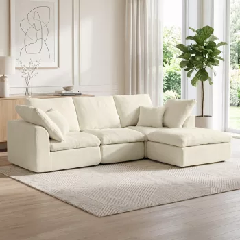    Modulares Ecksofa mit wendbarer Ottomane, wolkenweiches Chenille-Sofa in L-Form, breite Sitzfläche, cremeweiß