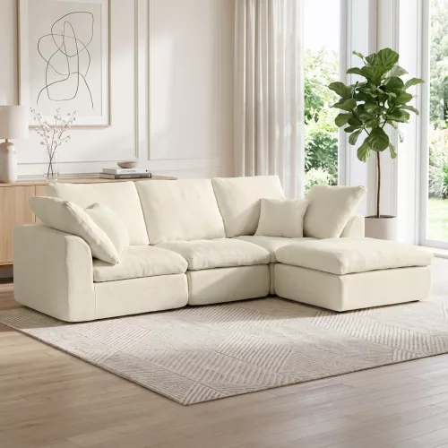  Modulares Ecksofa mit wendbarer Ottomane, wolkenweiches Chenille-Sofa in L-Form, breite Sitzfläche, cremeweiß