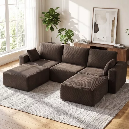  Modulares U-Sofa 287 cm, rahmenlos, breite tiefe Sitzfläche aus Cord, High-Density-Schaum, ohne Montage, Khaki
