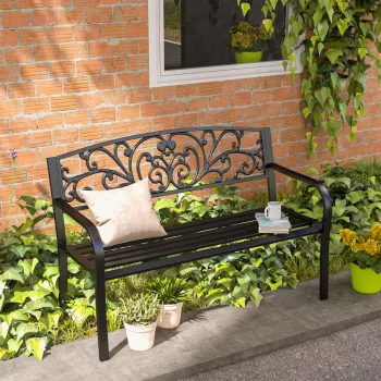   Fém kerti pad, virágmintás, 2 személyes, 240 kg teherbírás, acél, 127H x 60SZ x 87M cm, fekete