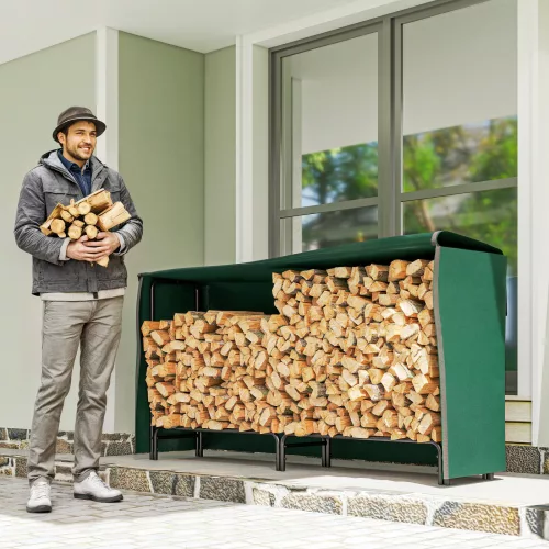 Tűzifatartó állvány, 0,6 m³, fedéllel, porszórt fém, 200 kg-ig, fekete/sötétzöld