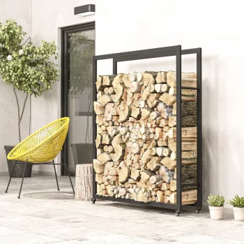    Feuerholzgestell mit Rädern, mobil, Metallrahmen, bis 150 kg, 120 x 32 x 151 cm, schwarz