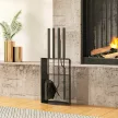  Kaminbesteck Set 5teilig Kaminzubehör mit Besen, Schaufel, Schürhaken Zange Ständer Metall, Schwarz