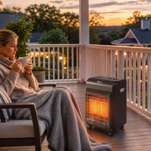  Gas Heizstrahler Outdoor 1,5-4,2 kW Terrassenheizer mit Rollen 3 Leistungsstufen 50 cm Schlauch Druckregler