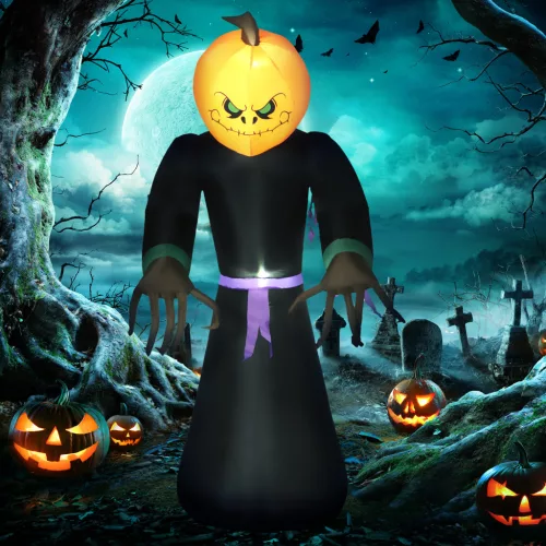 210 cm-es felfújható tök szellem, halloweeni horror dekoráció LED világítással, vízálló felfújható figura, poliészter, beltéri és kültéri használatra