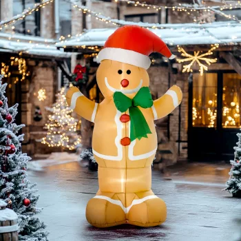   Felfújható karácsonyfadísz 1,83 m-es mézeskalácsfigura masnival, 3 LED-del, belső ventilátorral és kerti dekorációval