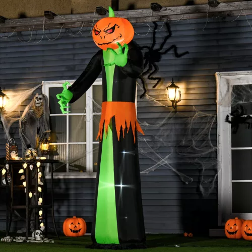 Halloween szellem LED fényekkel, önfelfújó, fúvóval együtt, 100 cm x 96 cm x 270 cm, zöld + sárga + fekete
