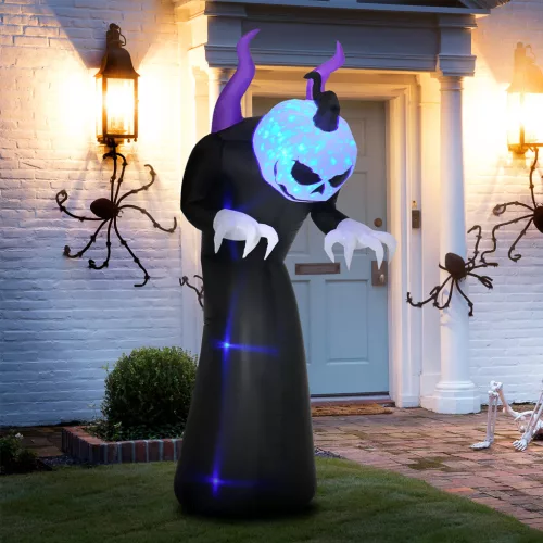Felfújható szellem tökfejjel Halloween dekorációval és kék lánghatással, 88 x 79 x 210 cm