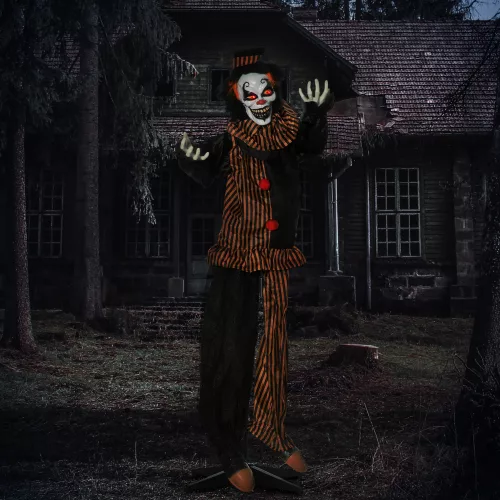 Halloween dekorációs horror bohóc speciális effektekkel és hangfunkcióval 100 cm x 18 cm x 153 cm