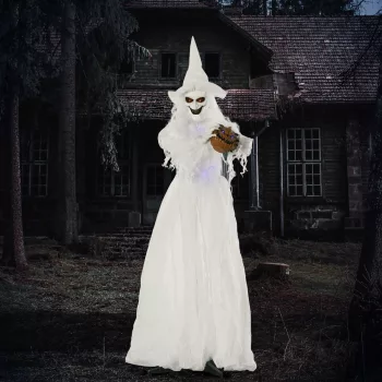   189 cm-es fehér boszorkány tökfejjel, életnagyságú halloweeni kültéri dekoráció
