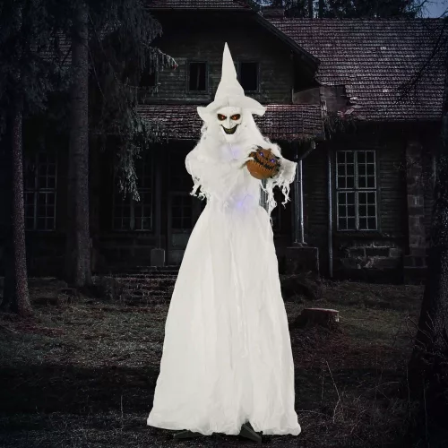 189 cm-es fehér boszorkány tökfejjel, életnagyságú halloweeni kültéri dekoráció