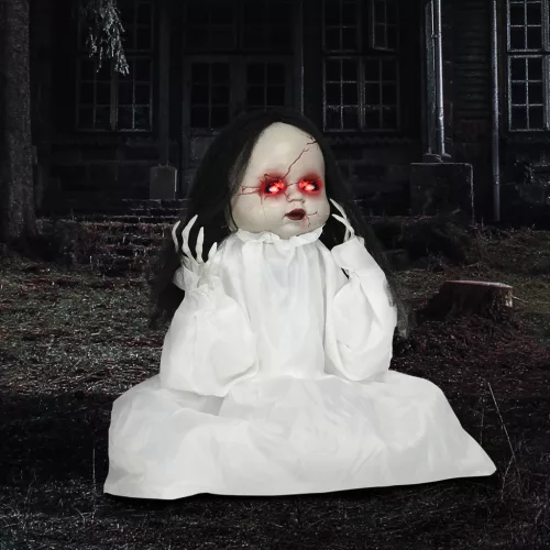 Halloween dekorációs horror baba, LED szemek, üvöltés, felugrás, hang- és mozgásérzékelő, 60 cm