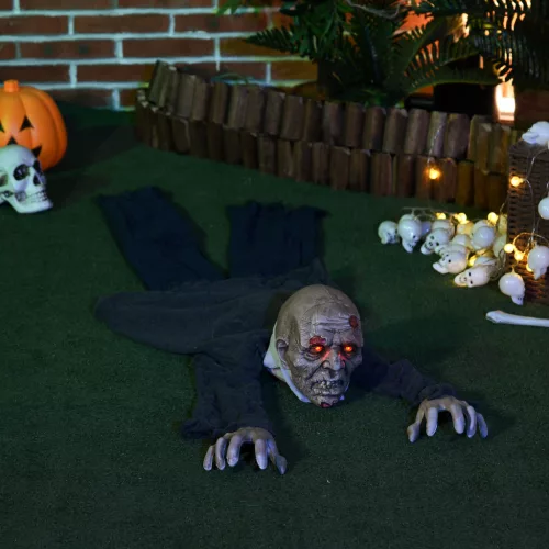Halloween dekorációs zombi, LED szemek, üvöltés és mászás, hang- és mozgásérzékelő, elemes, 159 cm