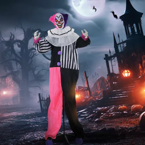 Ijesztő bohóc halloweeni dekoráció, mozgatható, nevető funkcióval, rózsaszín+lila