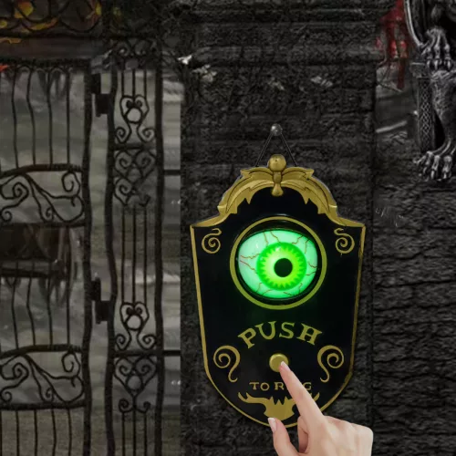 Halloween dekoráció, horror szemmel ellátott csengő, hang- és érintésérzékelővel, mozgatható, zöld fény