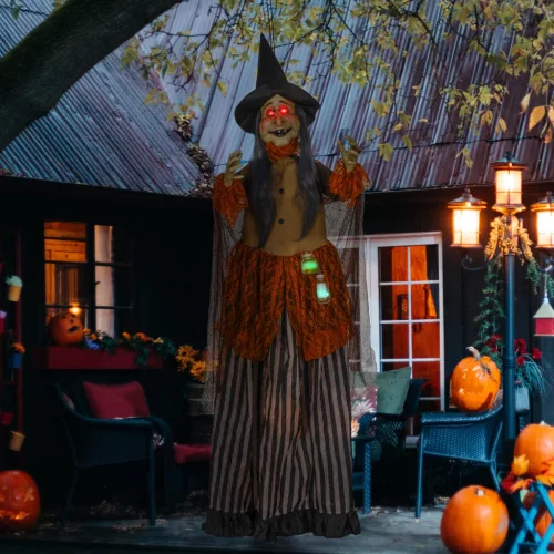 Boszorkány varázsitallal, halloweeni dekoráció, hátborzongató hangok, vörös szemek, mozgatható, 183 cm